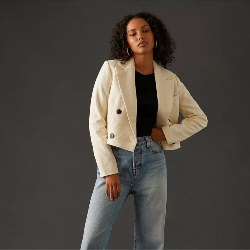 Anthropologie Maeve Off White Cropped Double Breasted Blazer S
